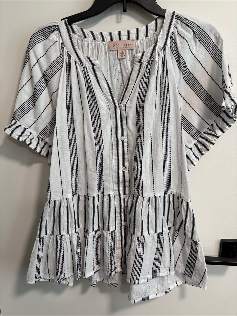 Philosophy Black and White Striped Ruffle Peplum Button-Up Blouse